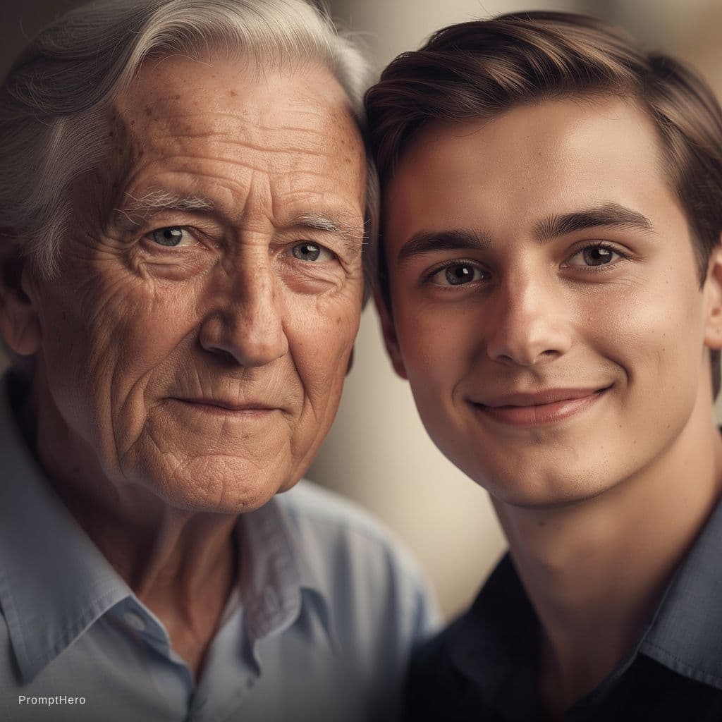 AI generated: A highly detailed and visually appealing artistic depiction of two human faces—father and son—create...