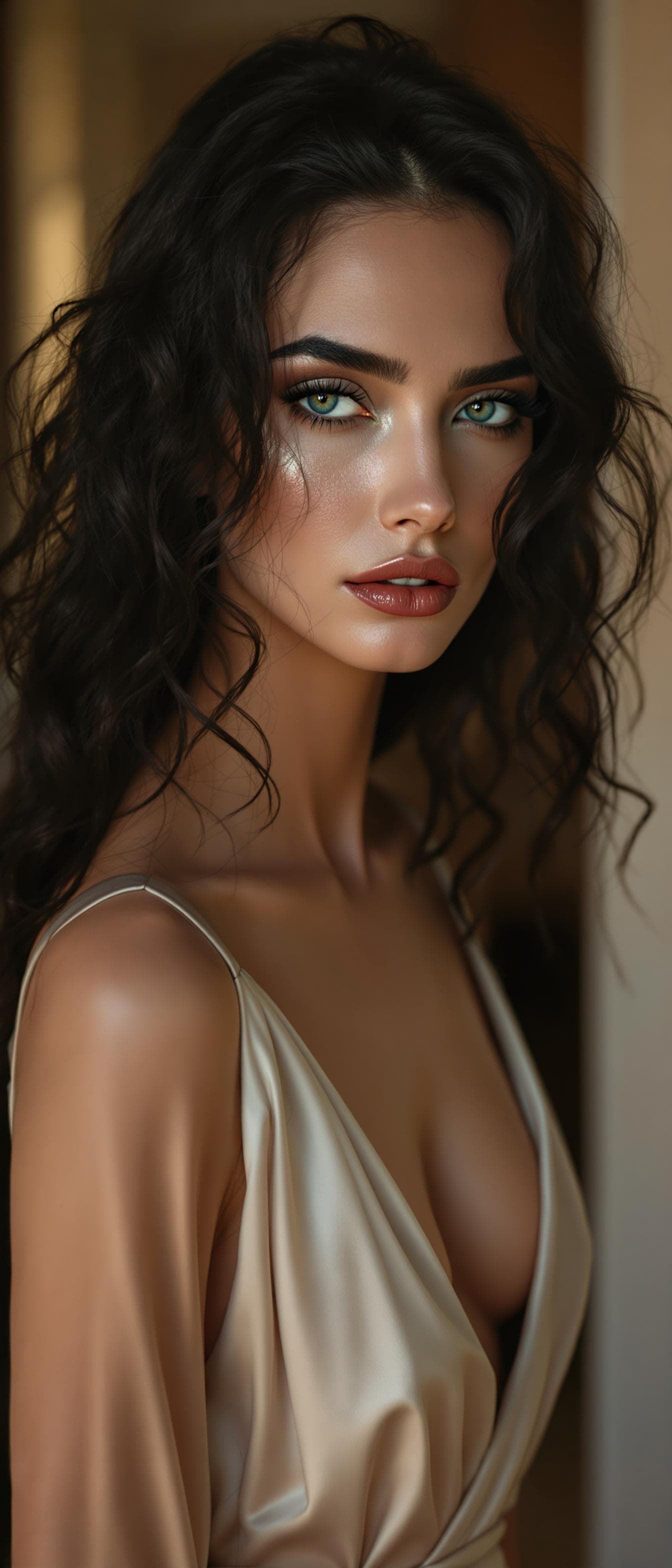 AI generated: "Dramatic cinematic portrait photography featuring a lithe supermodel, fair skin, long raven black c...
