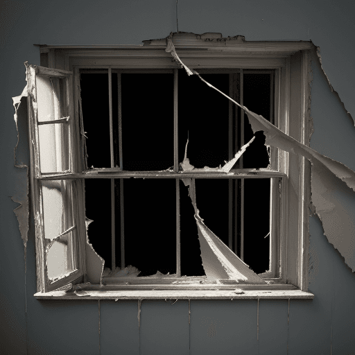 AI generated: Second floor window from outside of an abandoned, old and haunted house, the window is closed but a ...