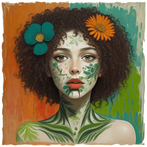 AI generated: expressionism painting of beautiful of woman face, flower printed skin, flower patterns on face, gre...
