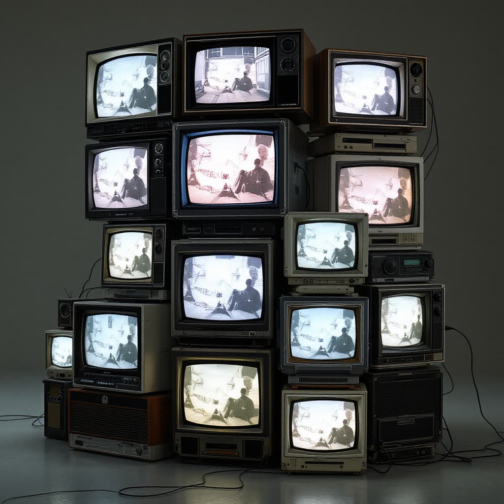AI generated: The camera rotates around a large stack of vintage televisions all showing the same pictures of the ...