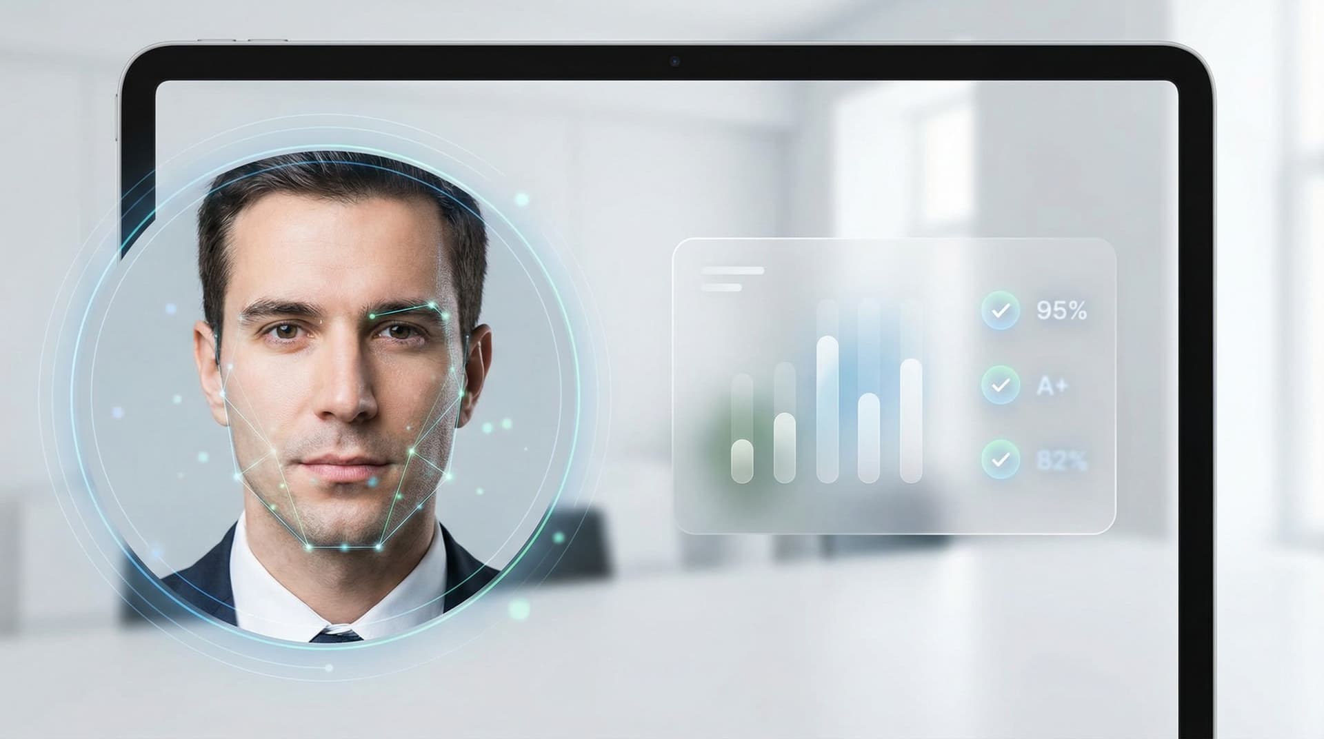 AI generated: Professional thumbnail showing AI evaluating a man headshot.
Crisp portrait with confident posture a...