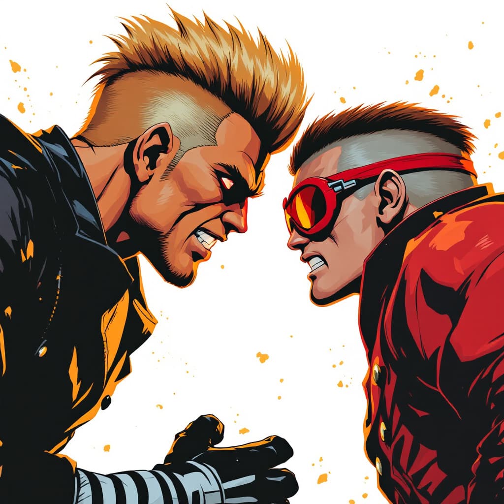 AI generated: johnny bravo with his 50's style hairdo and leather jacket  facing off against ken from street fight...