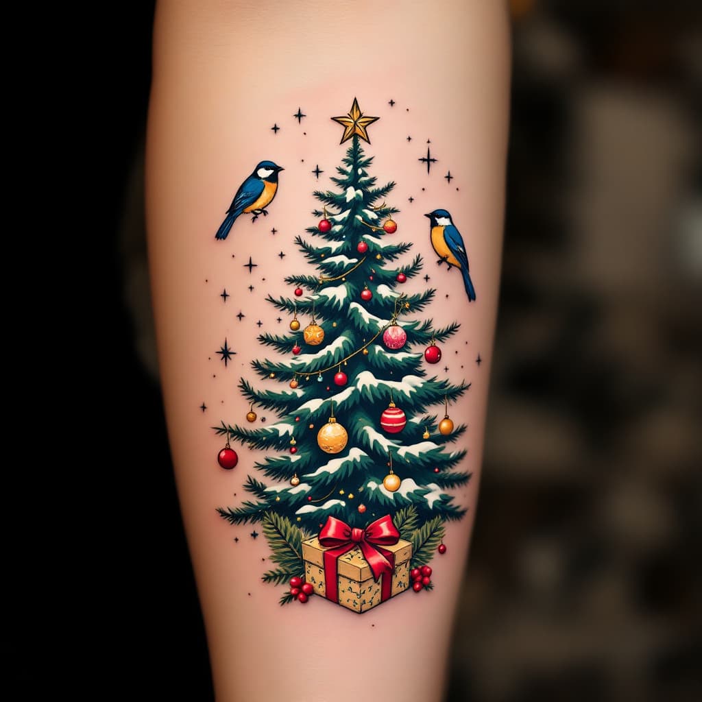 AI generated:  a flat vector a tattoo with a christmas trees with bird ornaments