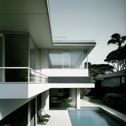 AI generated: Hyper realistic eye level exterior photo of a mid century modern style house overlooking the ocean, ...