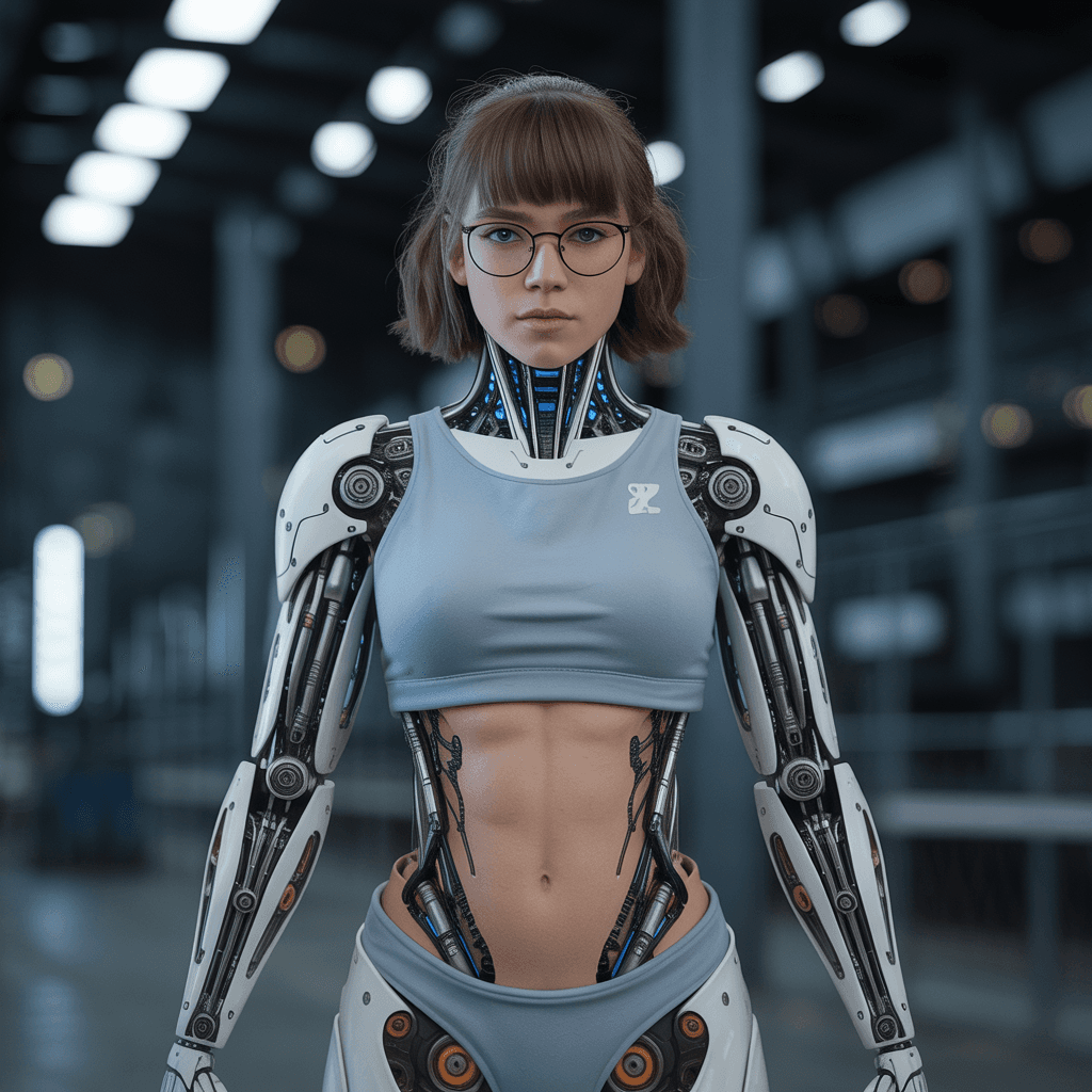 AI generated: Full body shot 3/4 view of young beautiful European female cyborg with an athletic muscular figure, ...