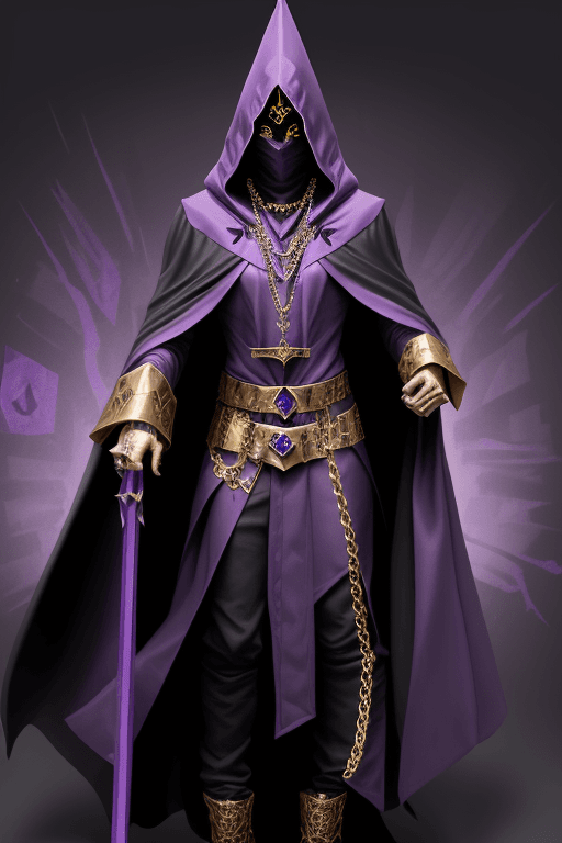 AI generated: Shadow wizard money gang, in purple cloak hood, dark face, gold chains and jewellery. triangle inste...