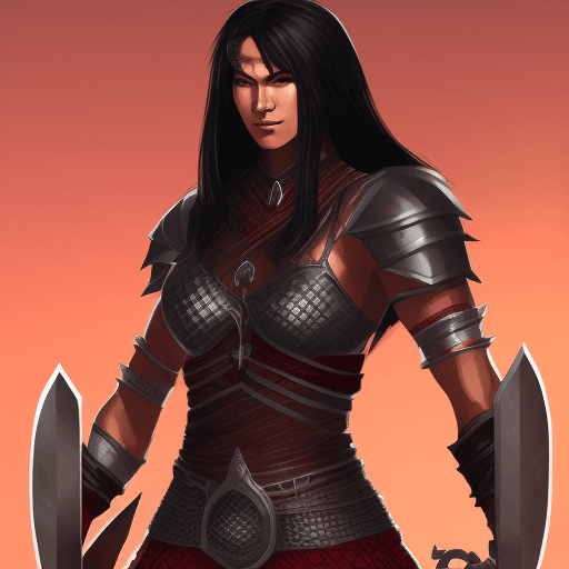 AI generated: full-body illustration, noble and valiant female fighter from nomadic dynasty, chain mail, red armor...
