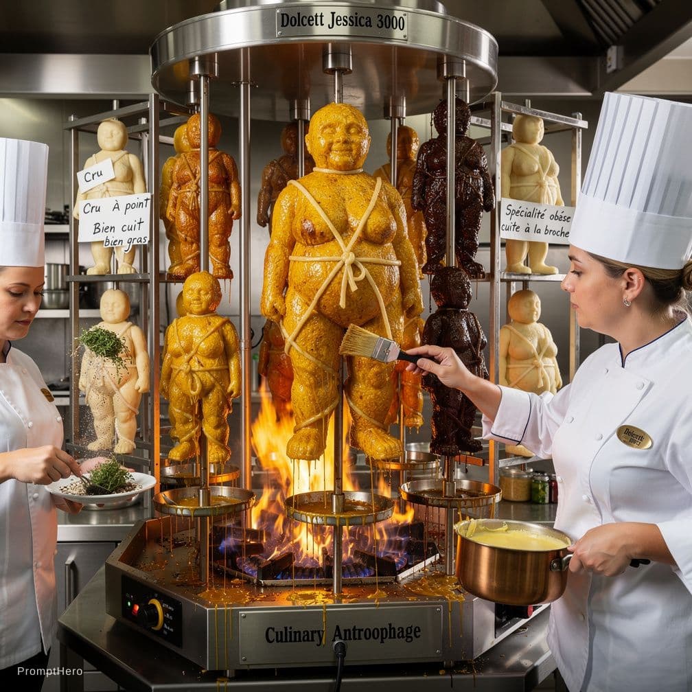 AI generated: coocked woman spitroasted on a spit  , Commiting cannibalism and rotisserie a woman on a spit, rotis...