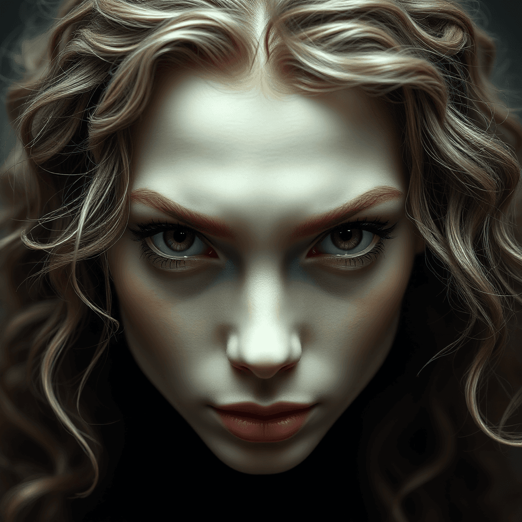 AI generated: "Draw a close-up photo of a female face with intense expression. The skin is pale and luminous, with...