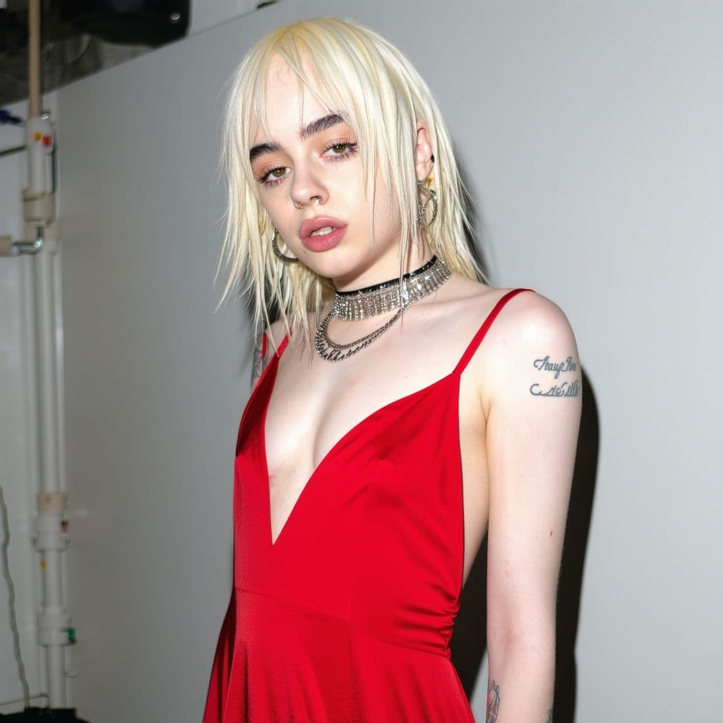 AI generated: Billie Eilish in a red dress