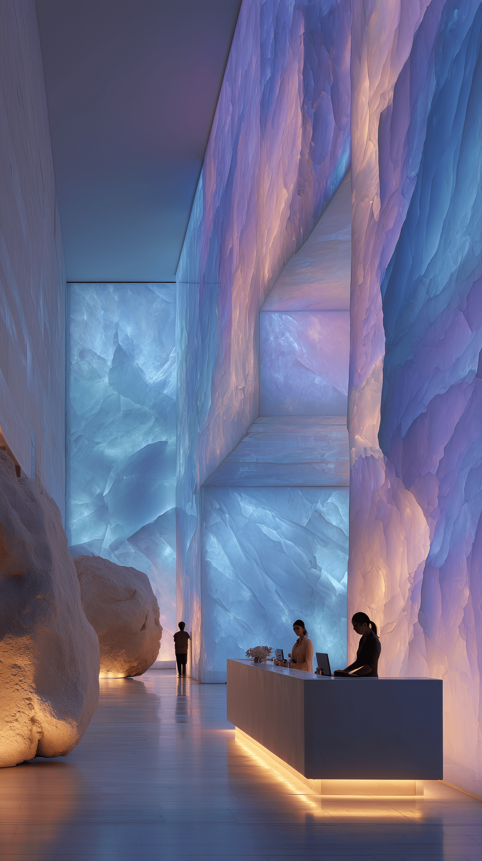 AI generated: architectural photography, perspective, interior space, vertical light panels transition from vibran...