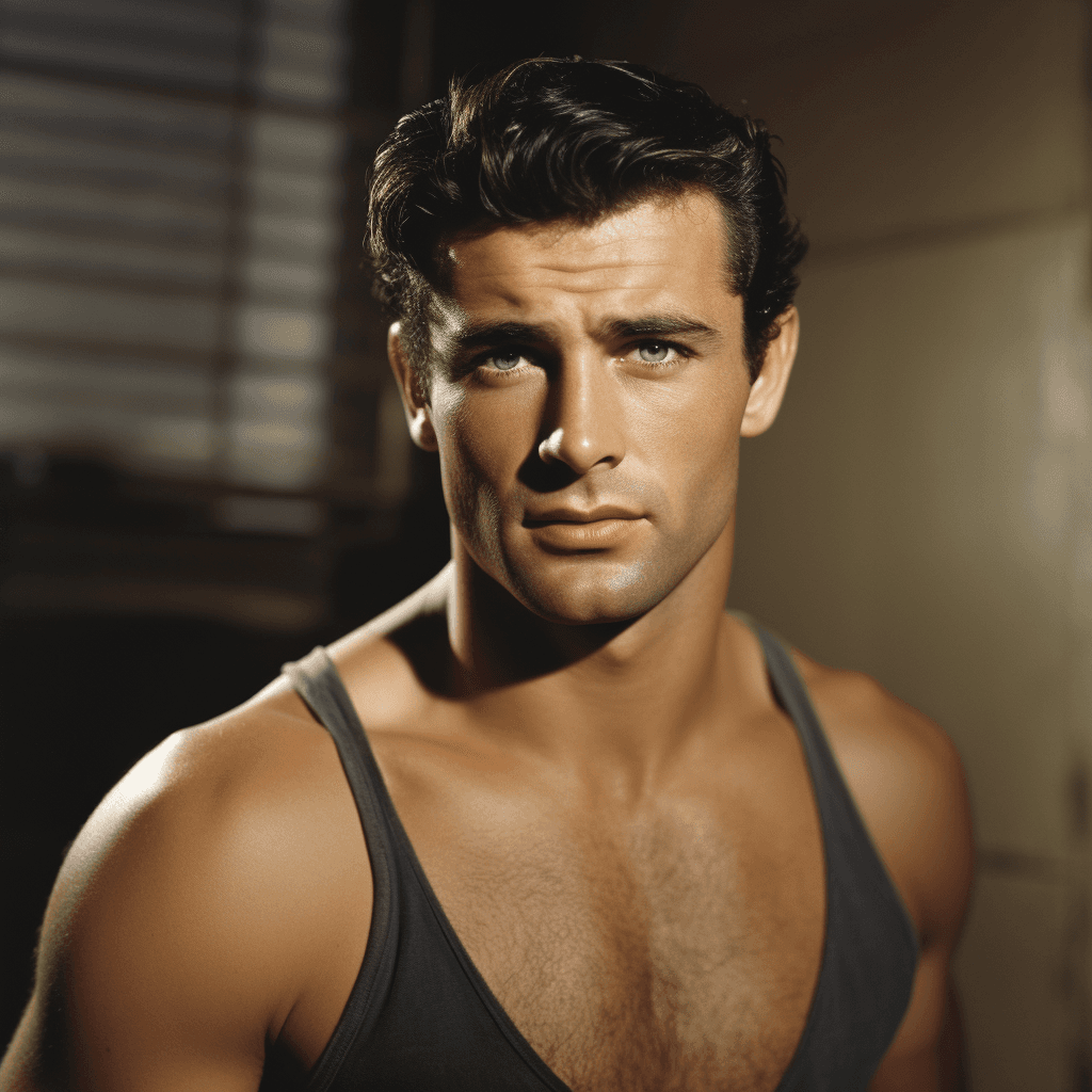 AI generated:  Full - Body Shot - Head - to - toe view, hollywood, black wavy hair, muscular, standing, ( ( hairy ...