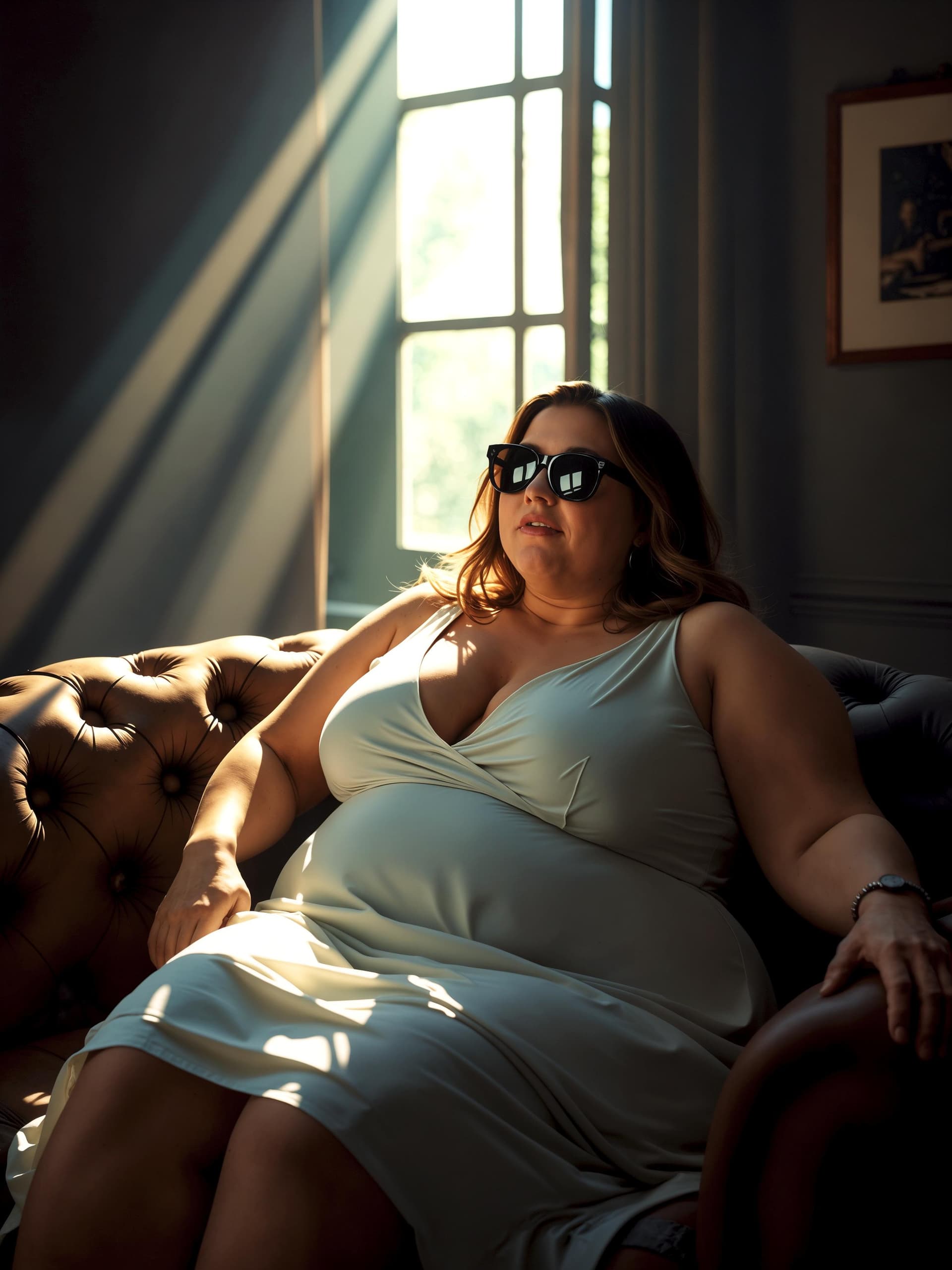 AI generated: fat woman in a couch in a dark room, light rays from the window. she is wearing a white dress and su...