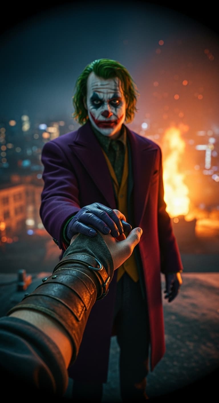AI generated: He is wearing a dark purple coat, and his face is characteristic of the Joker, with painted makeup a...