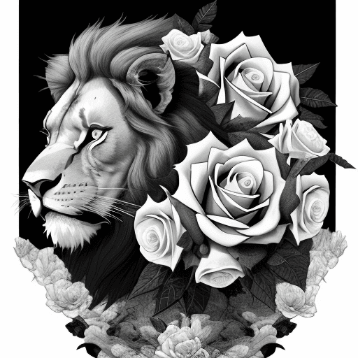 AI generated: Lions, angry, black and white, rose flowers, japonese style,
