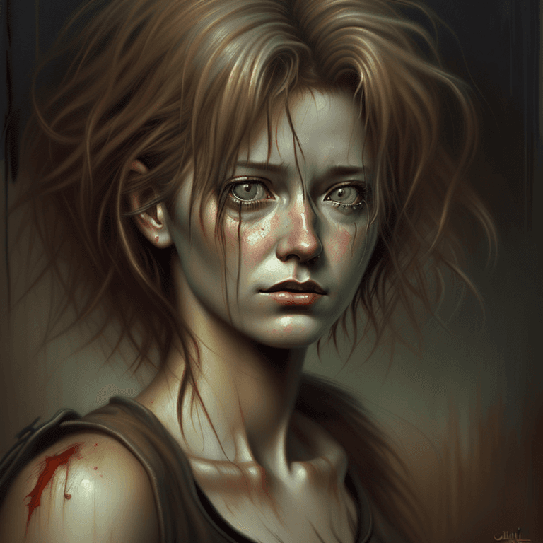 AI generated: digital art oil painting beautiful silent hill lost distressed female with messy hair, detailed clea...