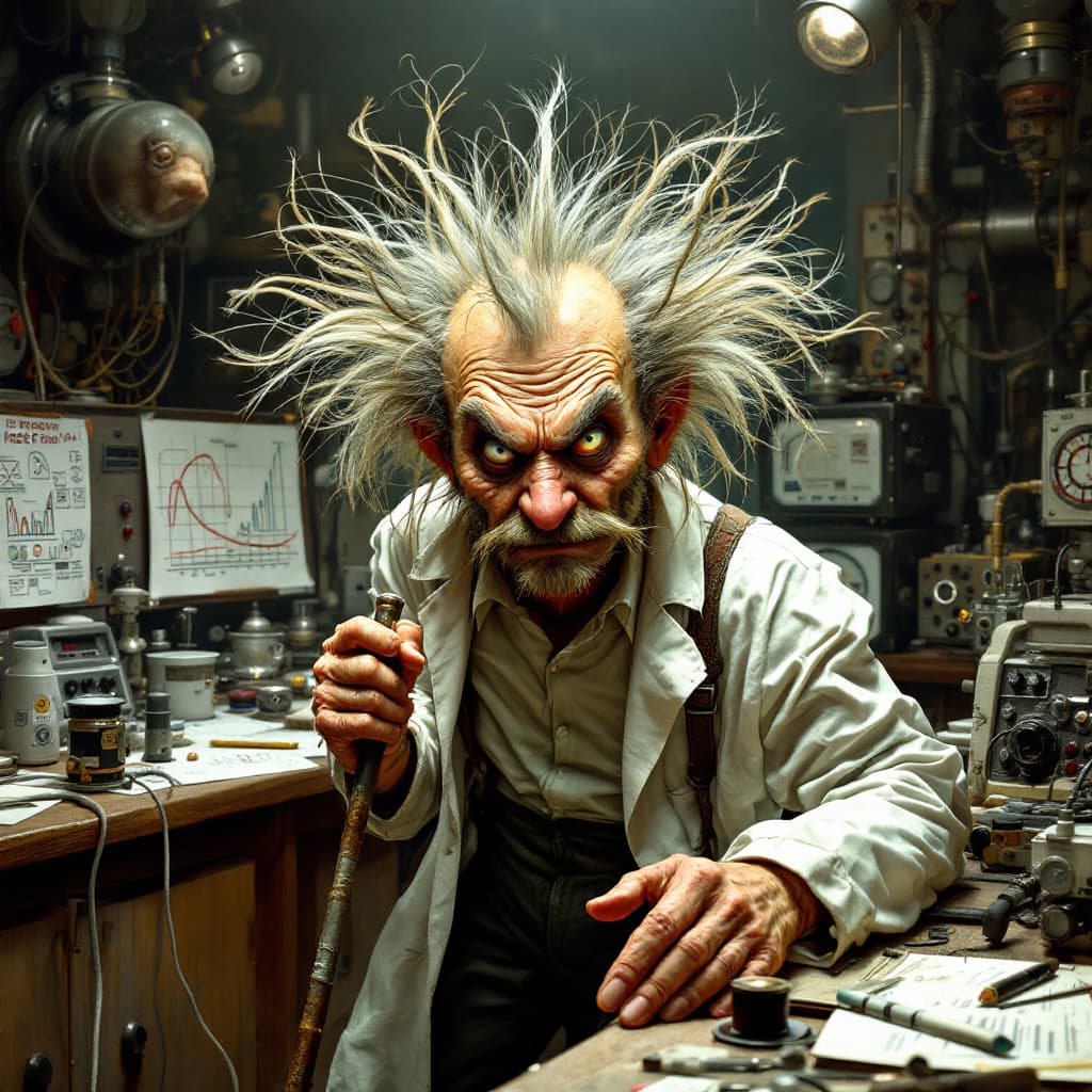 AI generated: A mad scientist with a peculiar and eccentric appearance, blending the wild features of N. Cortex fr...