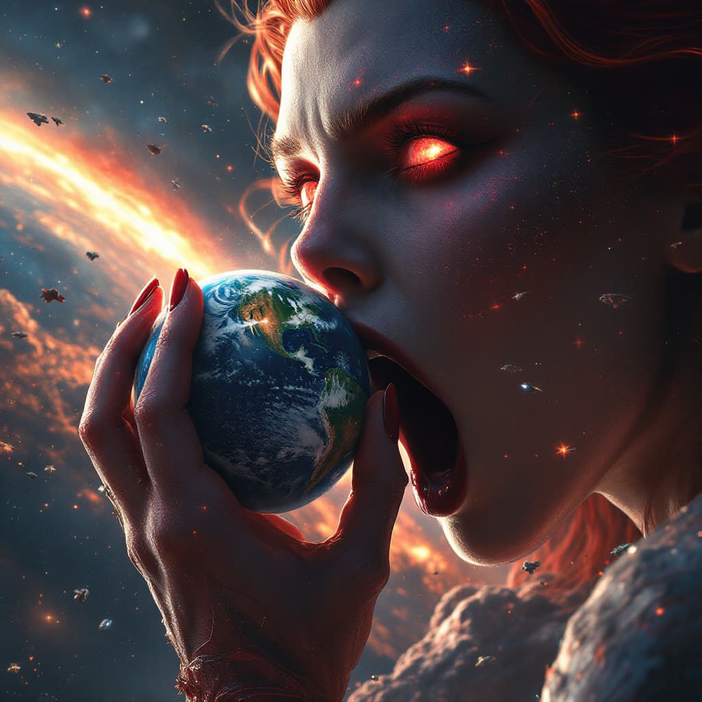 AI generated: enormous giantess elizabeth olsen, scarlet witch marvel, wanda maximoff
bigger than a galaxy  floati...