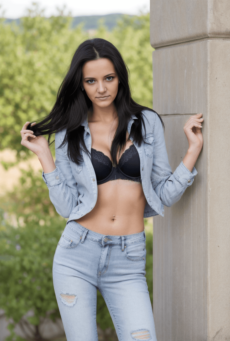 AI generated: a woman in a black bra top and jeans leaning against a pillar with her hands on her hips and looking...