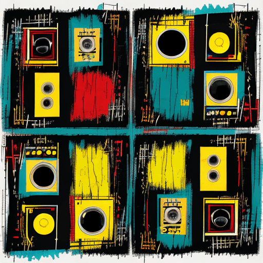 AI generated: Abstract pattern of 4 quadrants of dj equipment.  Primary colors of dark teal and dark yellow. In th...