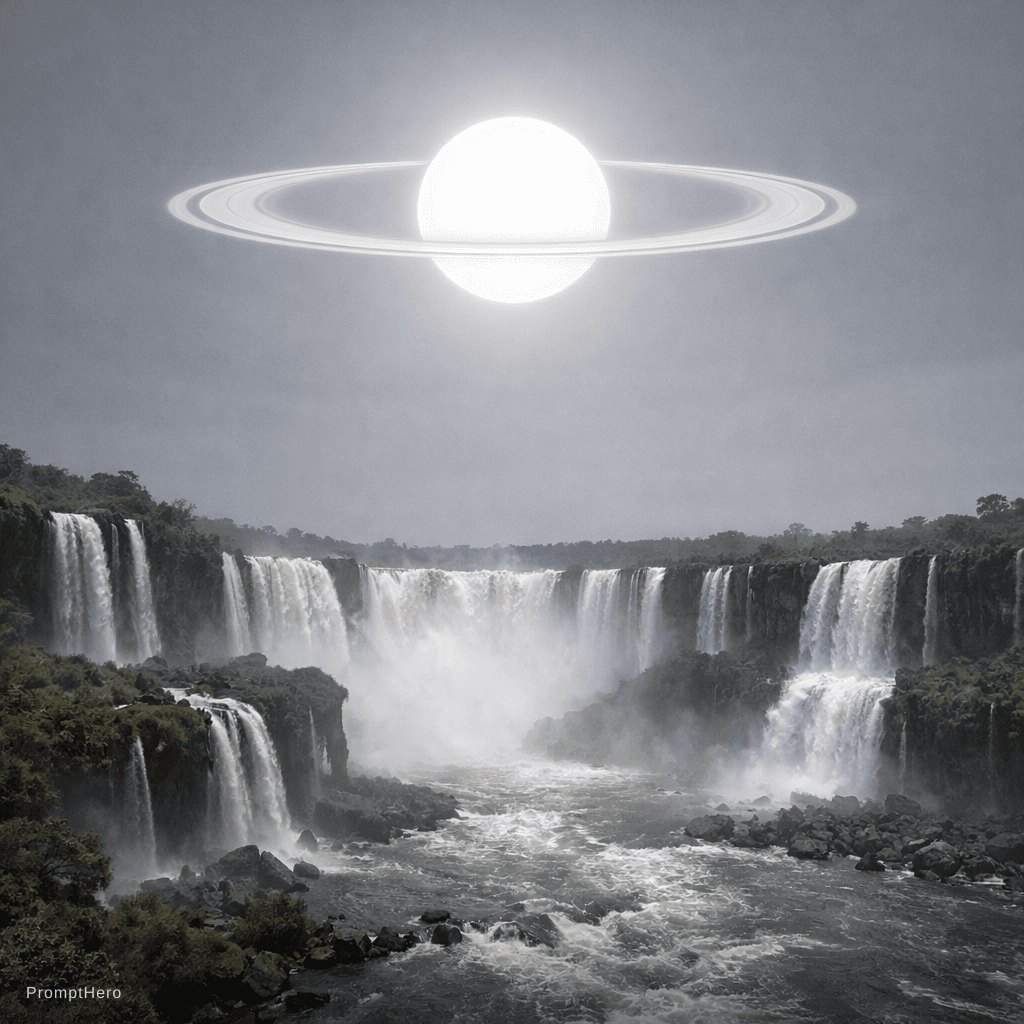 AI generated: a scenic landscape of a massive waterfall like Cataratas del Iguazú but the sky has a more grey colo...