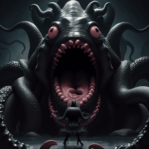 AI generated:  high quality foto of a big black eating  monster, moster with grimaces and big very long teeth, lon...