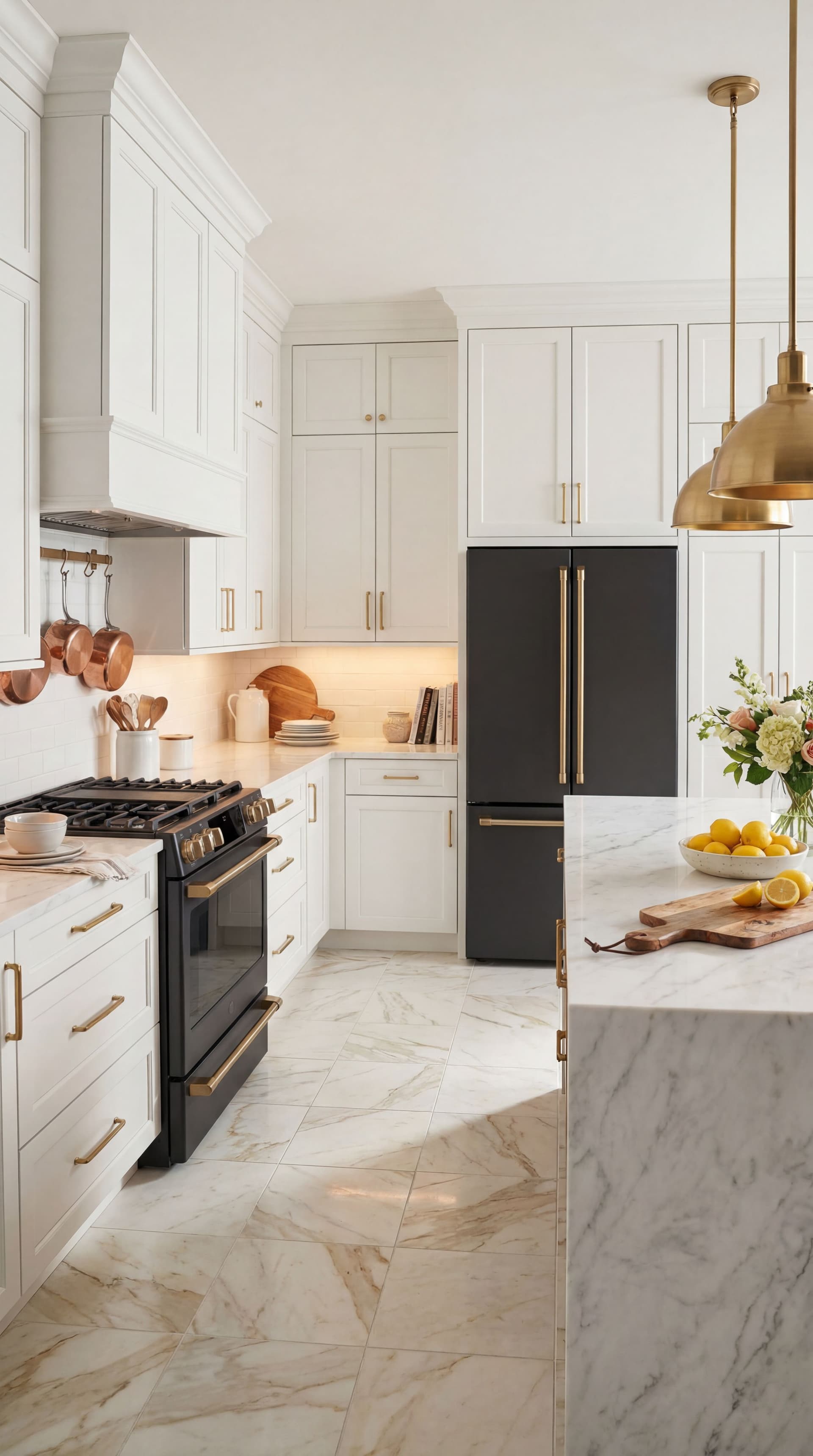 AI generated: turn into a lifestyle picture. Beautiful kitchen luxury white cabinets. Floor some luxury tiles. Put...