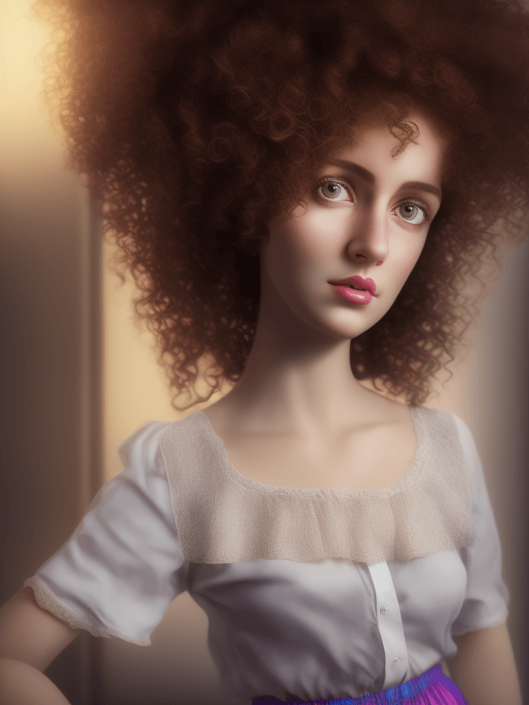 AI generated: woman with curly hair wearing a skirt and blouse with detailed seductive alluring eyes in a modern b...