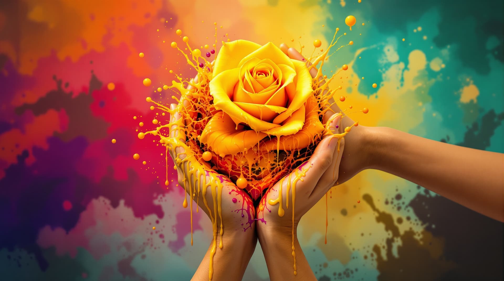 AI generated:  random pose,  two hands with asiatic tatoo skin, giving   a  yellow  rose ,the flower is made of dr...