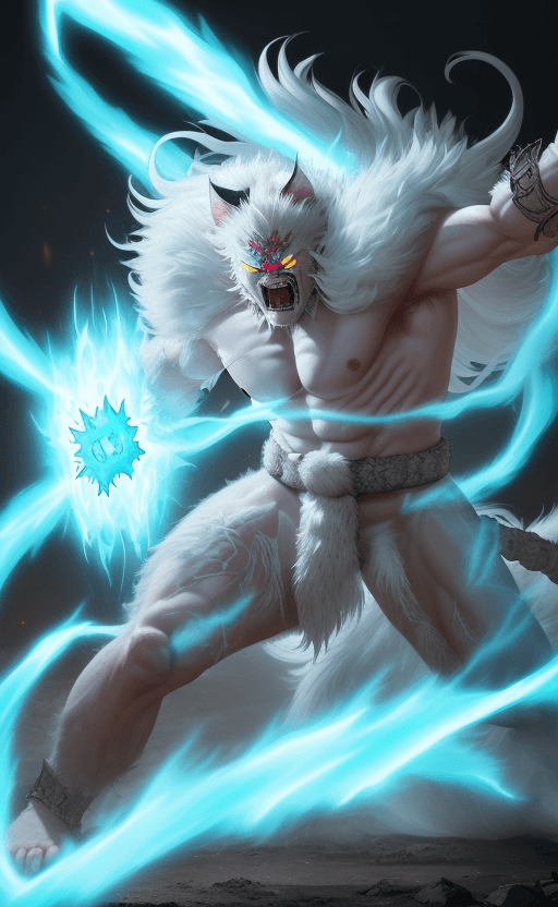 AI generated: Long fur stood up like the flames of a white cat warrior,An enormous aura, clear and bright, glowing...