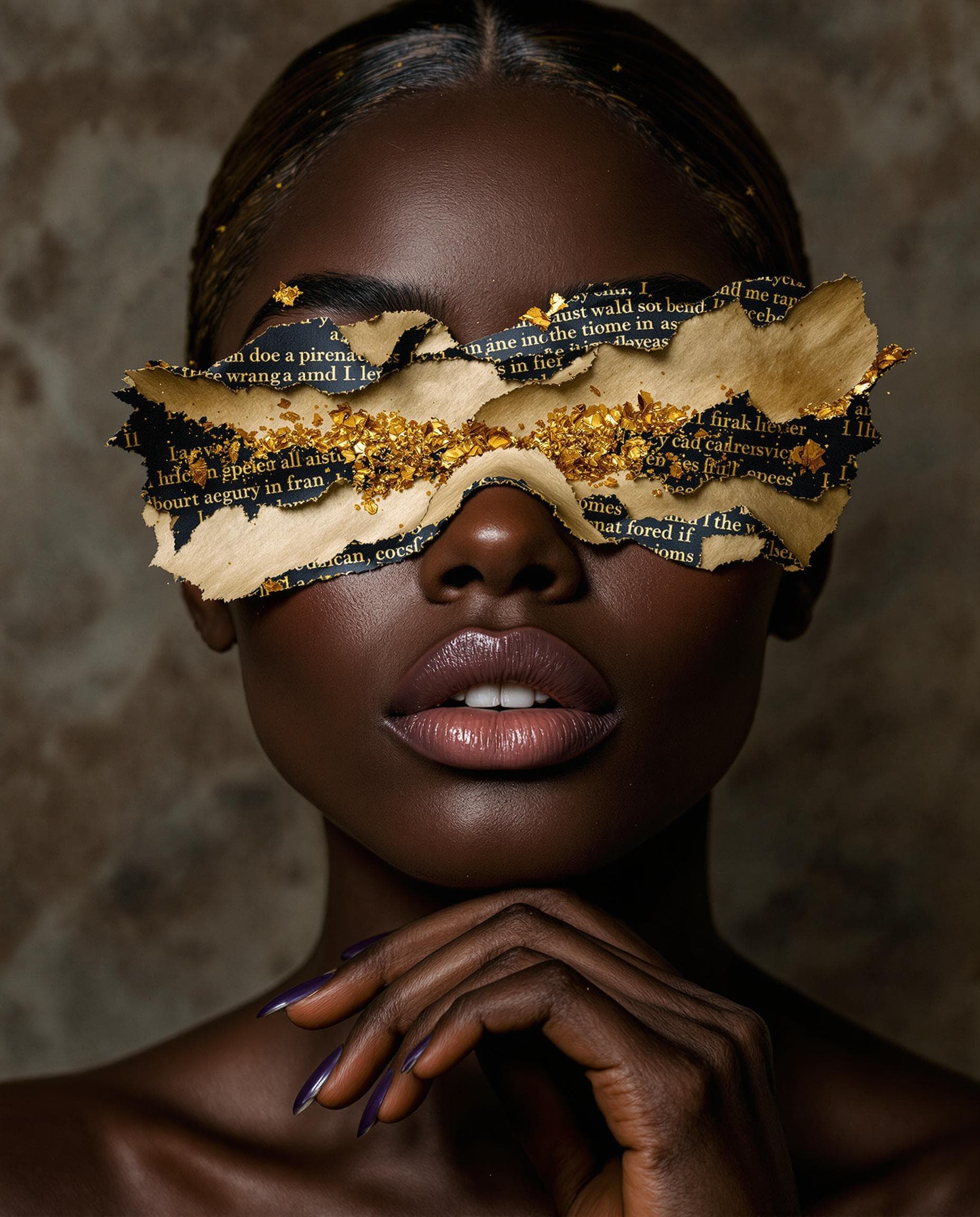 AI generated: Dark-skinned woman, mid-20s, close-up portrait,  with a thoughtful and contemplative expression.  He...