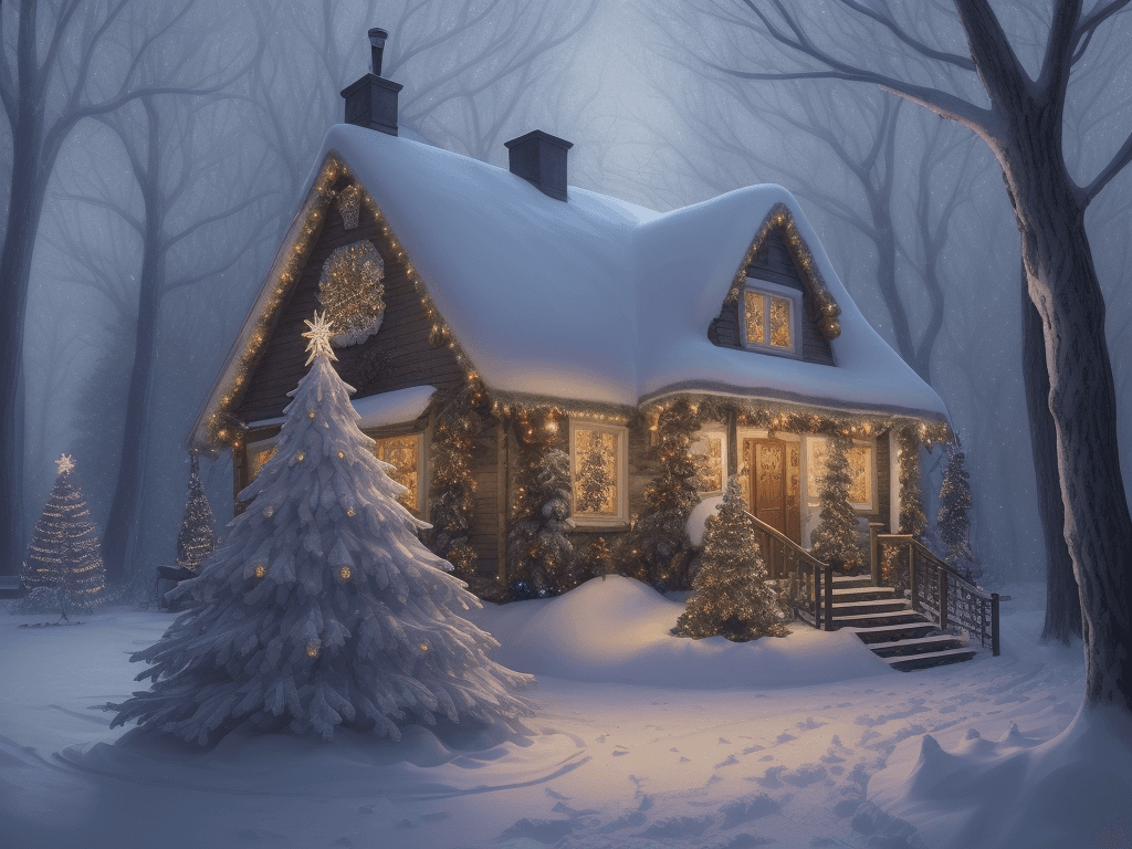AI generated: Art by Kajenna, full body, christmas evening in winter forest, falling snow christmas tree and engli...