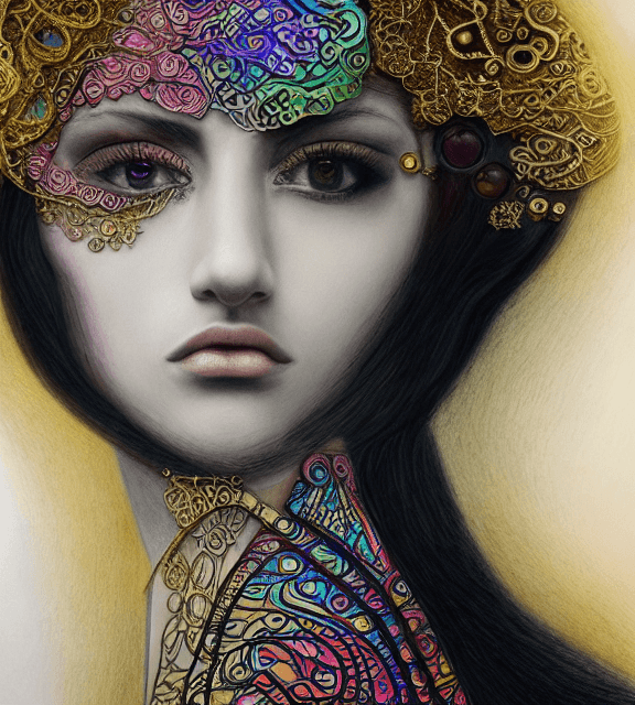 AI generated: coloured pencil drawing, high resolution 8k, Rothko 
 master painter, Byzantine artwork, 
young lady...