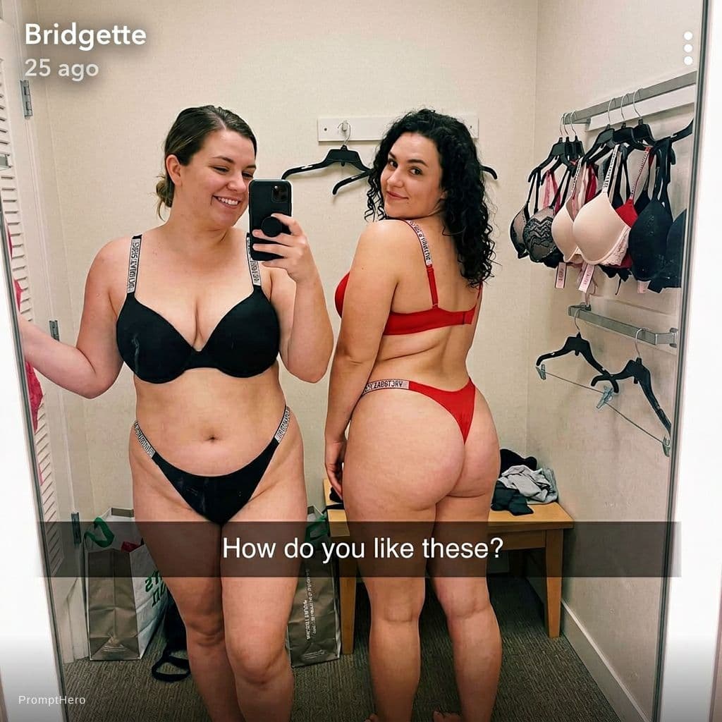 AI generated: Two chubby 25 year old white women take a mirror selfie in a dressing room. The dressing room rack h...