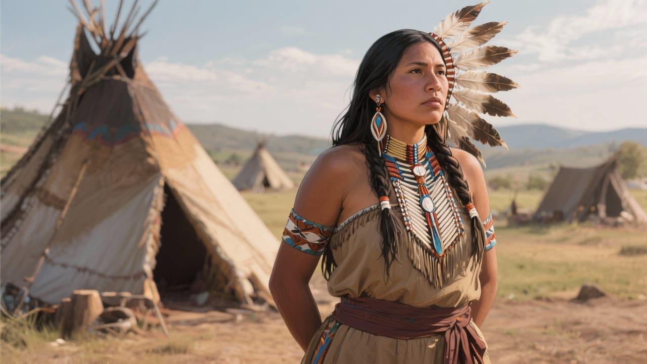 AI generated: A half draw of a real native american indian woman, no hedgear, realistic, hyper detailled, full bod...