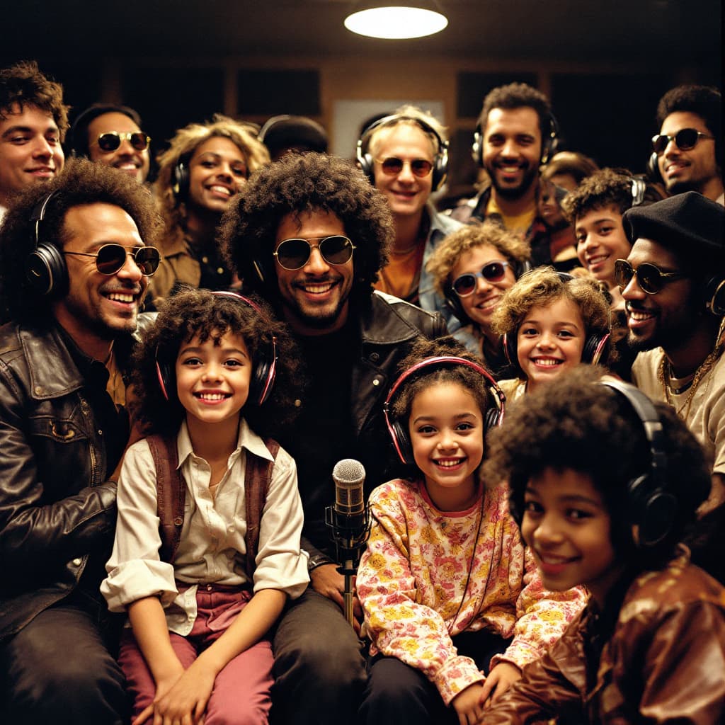 AI generated: A lively 1980s recording studio scene, showing a diverse group of musicians and artists, all wearing...