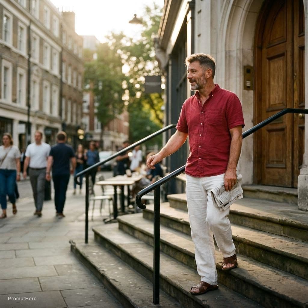 AI generated: Candid street documentary of a 50-year-old man with a short, trendy haircut and European appearance,...