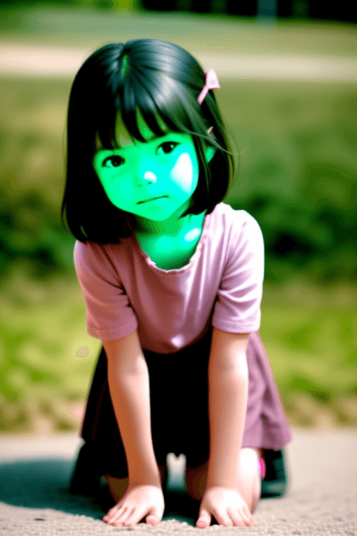 AI generated: a little girl kneeling while looking at the camera