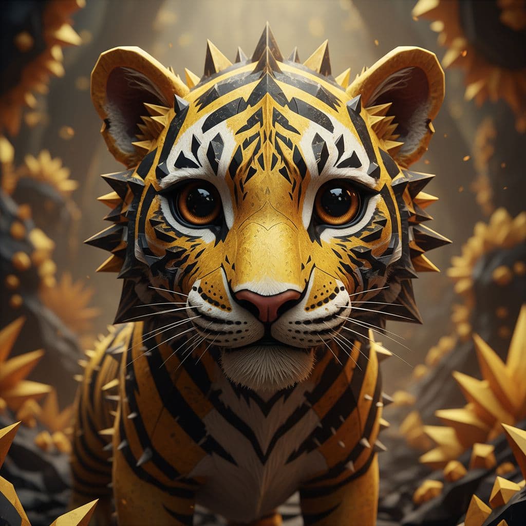 AI generated: 一只3D立体渲染小老虎，有一双大大的棕色眼睛，风格复杂，异想天开，zbrush，黄色和黑色，paul barson，特写镜头，尖锐/多刺，kadir nelson--ar 1:2--风格750--v ...