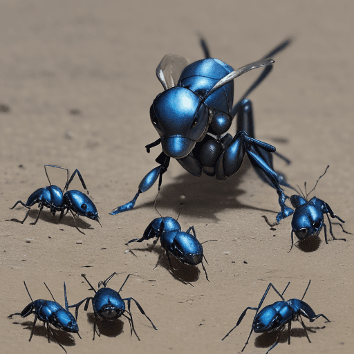 AI generated: blue ant army with silver armor invasion the planet, gun fire
