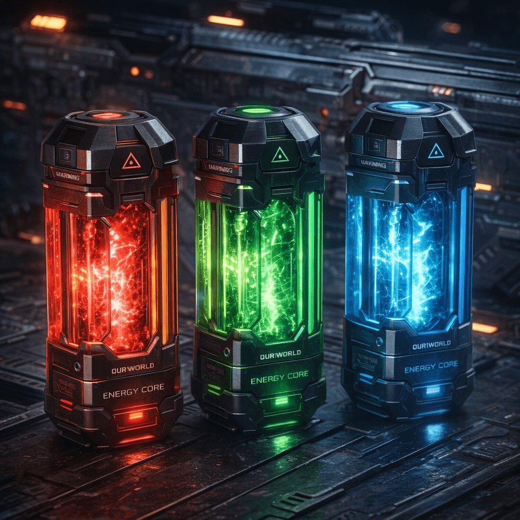 AI generated: Create an image of Sci-fi energy weapon cartages in Red, Green, and Blue for Our'World heavy weapons...
