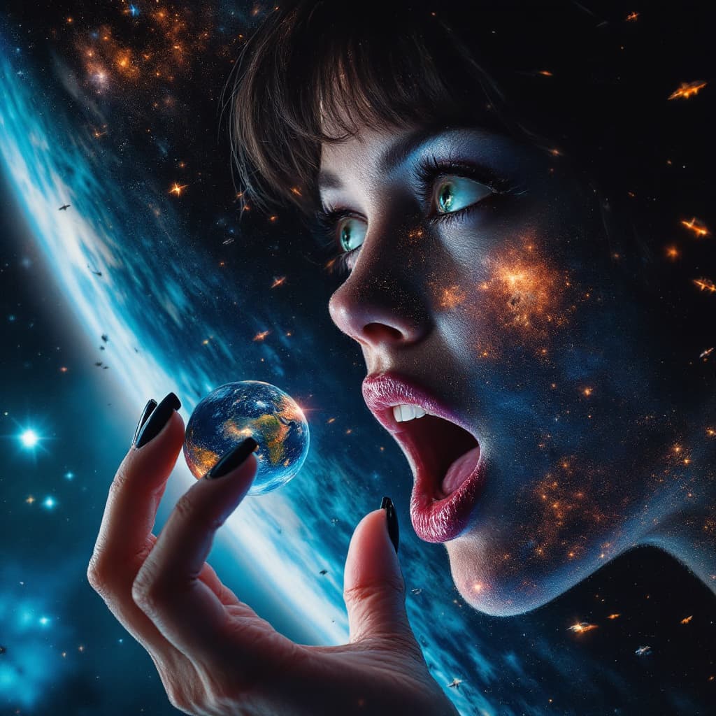AI generated: enormous giantess Aubrey Plaza,
bigger than a galaxy  floating in space, minuscule galaxy in front o...