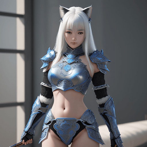 AI generated: (full body), intricate azure armor, detailed gorgeous face, cat ears, beautiful young South Korean g...