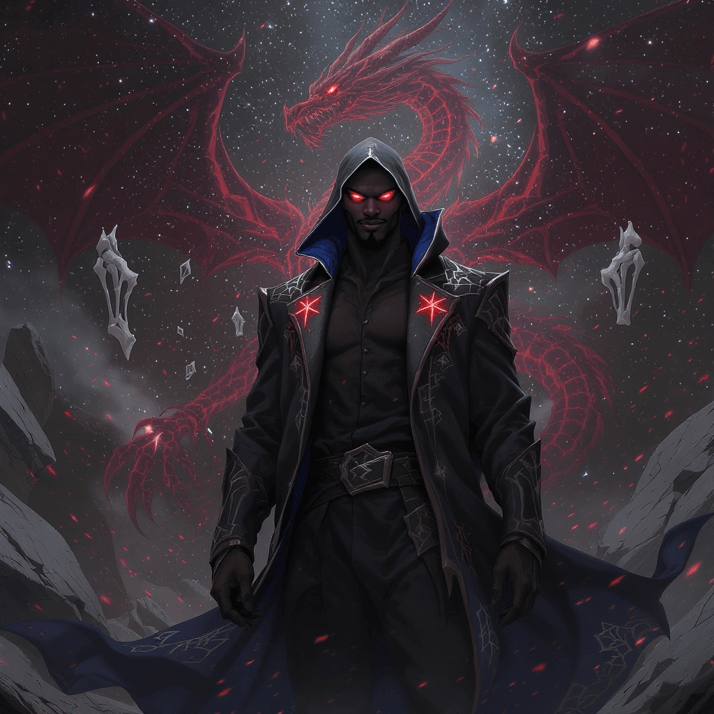 AI generated: An African American male, average height and build, standing calmly amid a fractured cosmic battlefi...