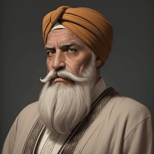 AI generated: The image features an older man with a beard and mustache, sad eyes, wearing a turban and a long rob...