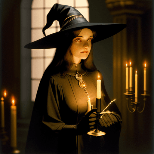 AI generated: create image of woman, stylish witch hat, woman, night time, woman holding a Candelabra with lit can...