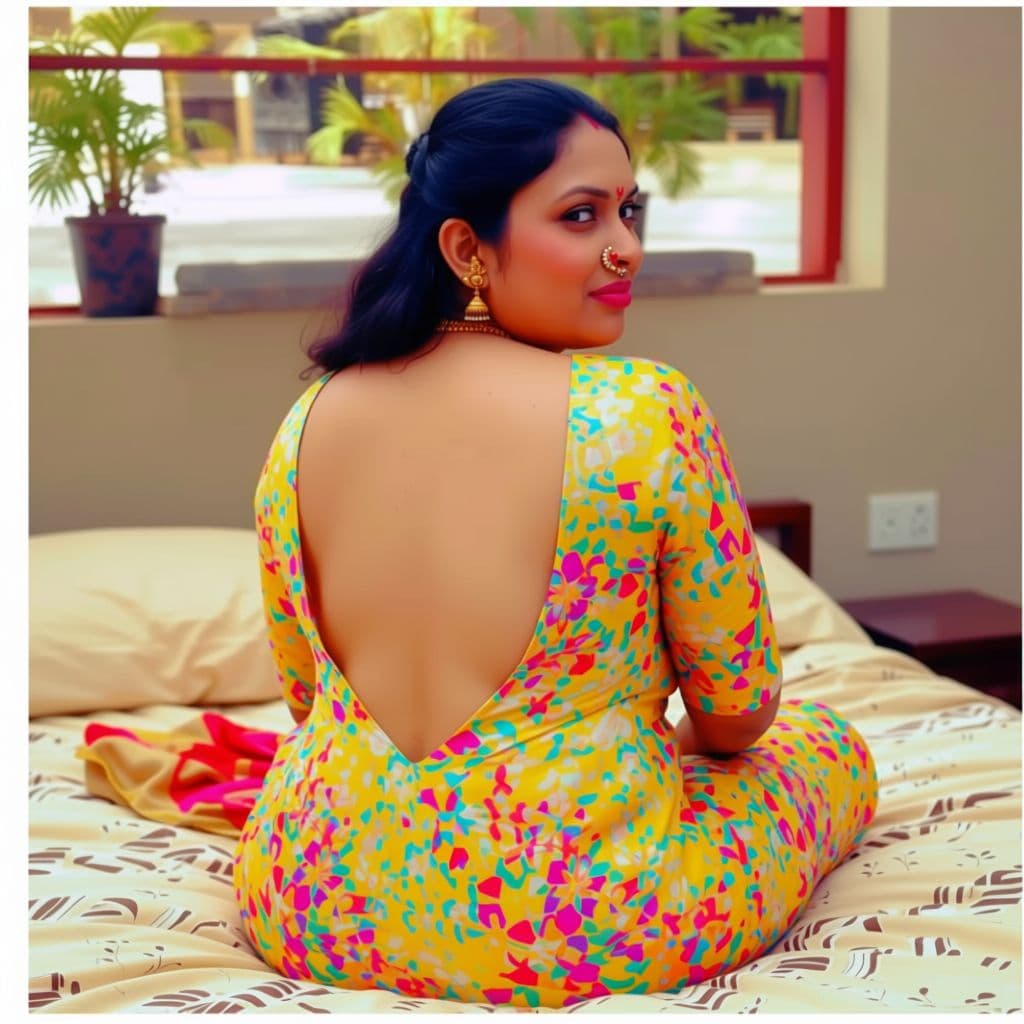 AI generated: hot glamour young indian aunty wearing only blouse without saree Only  back open blouse seating the ...