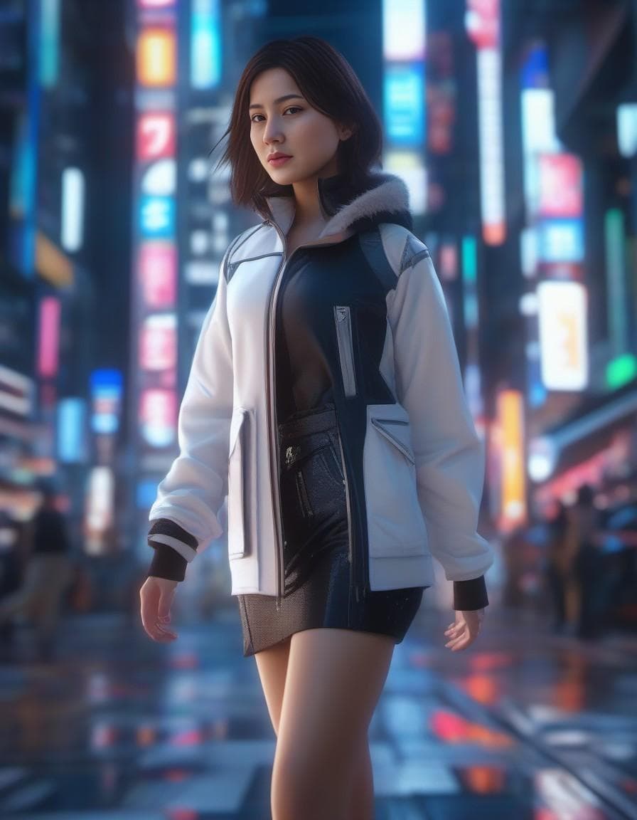 AI generated: stunning anime fashionpunk vixen walks raised walkway through bright luminescent futuristic dot matr...