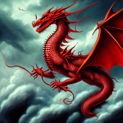 AI generated: red dragon under the stormy sky by sam robinson, in the style of tatiana suarez, harmonious color pa...